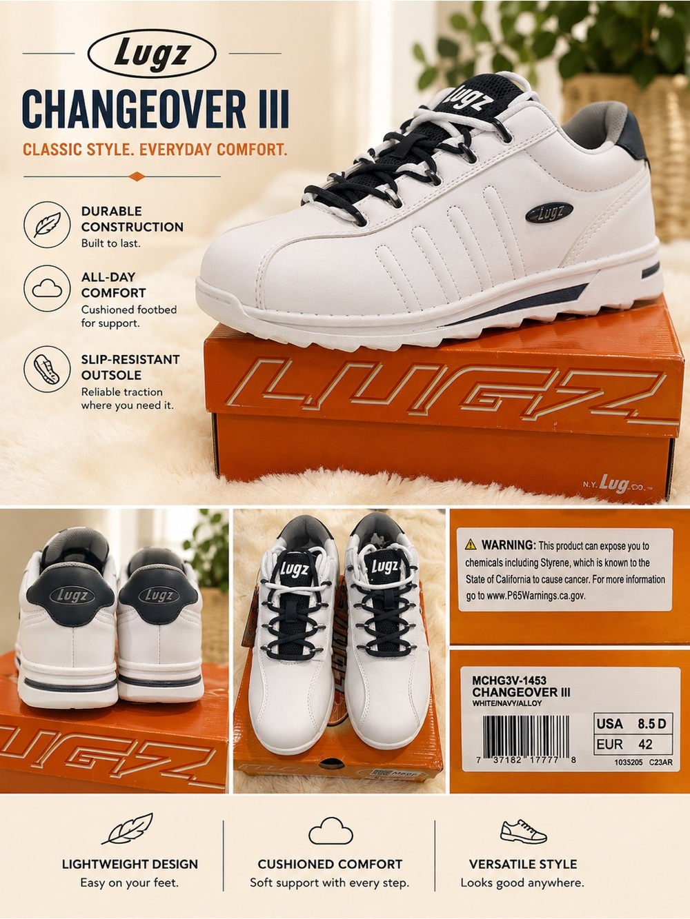 Lugz Changeover III Mens White and Black Low-Top Sneakers